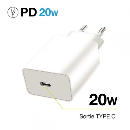 Pack Chargeur Entrée Type-C Power 20W + Câble Lightning Type-C 1 mètre